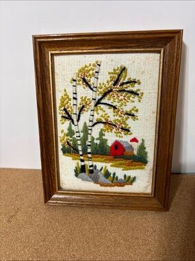 Vintage Framed Birch Tree Embroidered Wall Art - Green and Red 8x6”